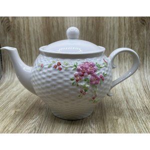Vintage Teleflora Tea Pot Basket Weave Texture Pink Flowers 1985